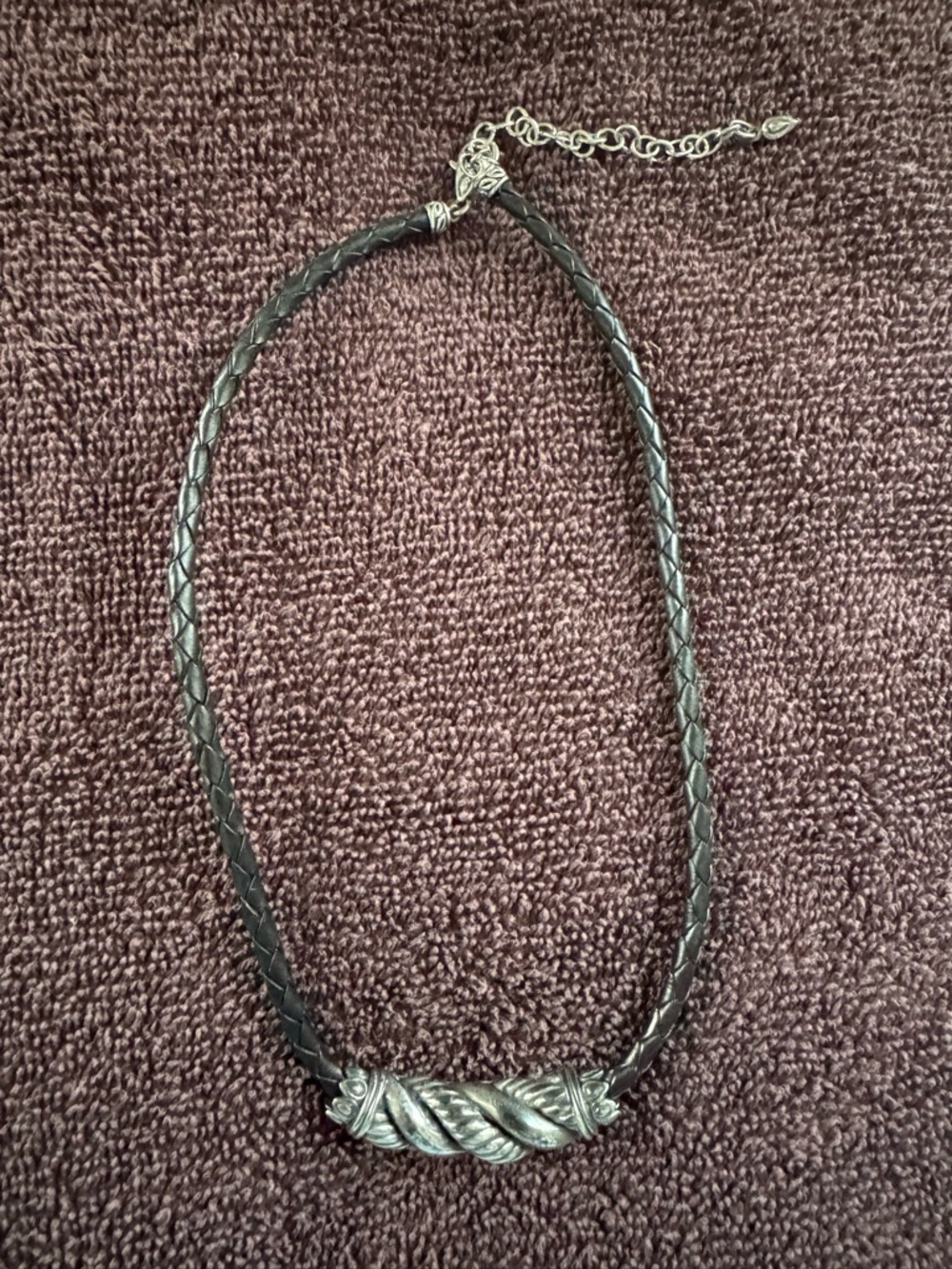 Braided Black Leather Necklace with Silver-Tone Twist Pendant
